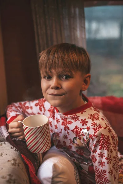 Lille Dreng Drikker Mælk Mens Fejrer Jul Nytår Vinterferie Sæson Royaltyfrie stock-fotos