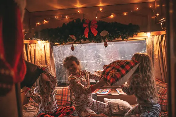Female Children Celebrating Christmas New Year Winter Holidays Season Camper — Stock Photo, Image