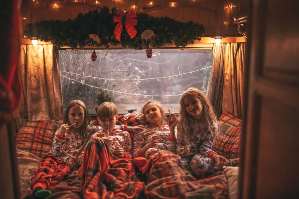 Children Celebrating Christmas New Year Winter Holidays Season Waiting Santa — Stock Photo, Image