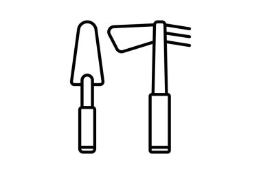 Kürek ve Hoe Icon. Çiftçilik ve Çiftlikle ilgili ikon. Web sitesi tasarımı, uygulama ve kullanıcı arayüzleri için uygun. Satır simgesi tarzı. Basit vektör tasarımı düzenlenebilir
