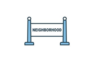 Komşu Simgesi. Mahalle mesajlarıyla dolu. Gayrimenkulle ilgili ikon. Web sitesi, uygulama, kullanıcı arayüzleri, yazdırılabilir vb için uygun. Düz çizgi simgesi tarzı. Basit vektör tasarımı düzenlenebilir