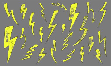 Lightning set with hand drawn grunge texture. Vector stock illustration isolated on white background for design template poster, banner, presentation. 