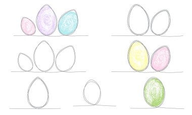 Easter eggs set with line and hand draw grunge texture.Vector stock illustration isolated on white background for template spring holiday, menu restaurant, greeting card, invitation to egg hunt. 