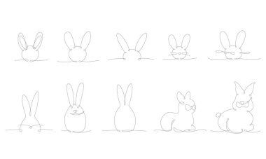 Paskalya tavşanı el çizimi elementlerine devam ediyor. Beyaz arka planda izole edilmiş vektör stok illüstrasyon minimalizmi tasarımı. Düzenlenebilir tek satır koleksiyonu. 