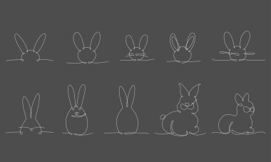 Paskalya tavşanı el çizimi elementlerine devam ediyor. Siyah karatahta arka planında izole edilmiş vektör stok illüstrasyon minimalizmi tasarımı. Düzenlenebilir tek satır koleksiyonu. 