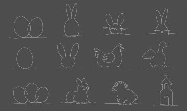 Paskalya tek sıra halinde devam ediyor. Tasarım şablonu yumurta avı, davetiye, tebrik kartı, menü için siyah karatahta resimleme seti izole edildi. Düzenlenebilir tek çizgi. 