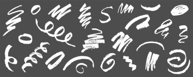 Hand draw brush quotes, commas, ornament, marks, splash and flourish set. Vector stock illustration isolated on black background for design template text and page decoration, headline, speech bubble. 