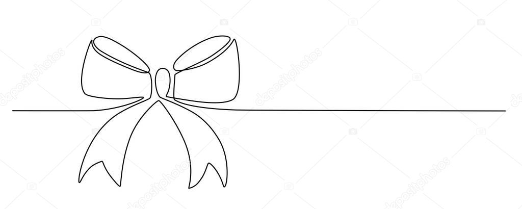 Tied ribbon bow hand drawing one line. Vector stock illustration isolated on white background for design template Christmas, Birthday greeting card, invitation or presentation. Editable stroke.