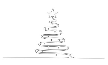 Noel ağacı. El sürekli tek bir çizgi çiziyor. Tasarım şablonu, kış afişi, tebrik kartı ve davetiye için beyaz arkaplanda izole edilmiş vektör stoku çizimi. Düzenlenebilir vuruş.