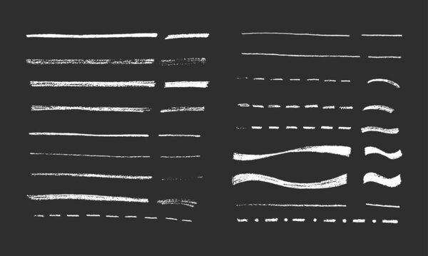 Underlining highlight pencil crayon hand draw lines set. Vector stock illustration isolated on black chalkboard background for handwritten notes for text, doodle graphic element. 