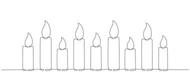 Alevli Noel mumu. Devamlı tek bir çizim çizimi. Tasarım şablonu tebrik kartı ve davetiyesi için beyaz arkaplanda vektör stoku çizimi izole edildi. Düzenlenebilir vuruş