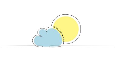 Güneş ve bulut. El, aralıksız tek bir çizgi işareti çiziyor. Tasarım şablonu hava tahminleri, seyahat günlüğü için beyaz arkaplanda vektör stoku illüstrasyonu izole edildi. Düzenlenebilir vuruş. 