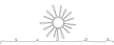 Güneş - tek el aralıksız çizgi pankartı çiziyor. Tasarım şablonu için beyaz arka planda izole edilmiş vektör hisse senedi illüstrasyonu, el ilanı. Düzenlenebilir vuruş.