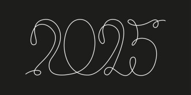 2025 yıllık takvim için dekorasyon sürekli el çizimi işareti. Siyah karatahta arka planında izole edilmiş vektör stok illüstrasyon minimalizmi tasarımı. Düzenlenebilir tek çizgi. 