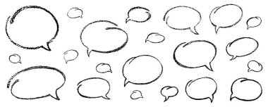 Oval ve yuvarlak tebeşir, pastel çizim konuşma balonu seti. Tasarım şablonu iş sunumu ve okul eğitimi için beyaz arkaplanda izole edilmiş vektör stoğu grunge dokusu çizimi.