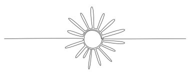 Güneş - tek el aralıksız çizgi pankartı çiziyor. Tasarım şablonu için beyaz arka planda izole edilmiş vektör hisse senedi illüstrasyonu, el ilanı. Düzenlenebilir vuruş.