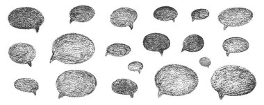 Oval ve yuvarlak tebeşir, pastel çizim konuşma balonu seti. Tasarım şablonu iş sunumu ve okul eğitimi için beyaz arkaplanda izole edilmiş vektör stoğu grunge dokusu çizimi.