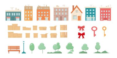 Yeni ev setine taşınıyorum. Yeni bir daire, sigorta ya da inşaat şirketi, yatırım projesi mimarisi satın alacak, satacak emlak acentesi tasarımı için vektör ilüstrasyonu.