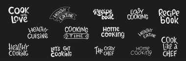Şablon tarifi kitabı, gurme çizimi, basılabilir mutfak sanatı tasarımı için hazırlanmış sağlıklı yemek pişirme el çizimi harfleri. Siyah arkaplanda vektör stoku çizimi izole edildi.