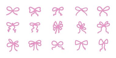 Kurdeleli pembe, sevimli fiyonklar. Tasarım şablonu, dekorasyon, düğün davetiyesi, doğum günü partisi, Noel için el çizimi vektör çizimi resimleme beyaz arka planda izole