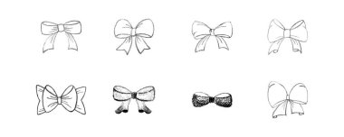 Kurdeleli tebeşir papyonu. Tasarım şablonu, düğün, doğum günü, Noel süslemesi veya indirimi için kara tahta arkaplanda el çizimi vektör illüstrasyonu izole edildi, satış.