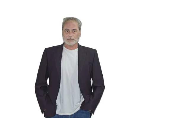 Reifer Mann Anzug Blickt Die Kamera Auf Weißem Hintergrund — Stockfoto