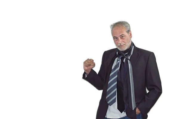 mature man with beard in a suit and various ties standing on a white background