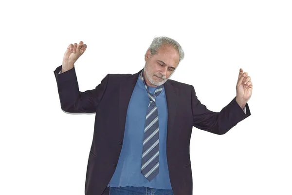 mature man with beard and a suit dance on a white background