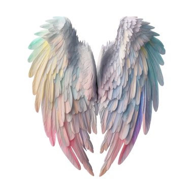 Angel 's Wings Pastel Gökkuşağı İllüstrasyon Clipart. Tüy tasarım ögesi beyaz arkaplanda izole edildi. Tişört tasarımları, süblimleşme, simge vs. için.