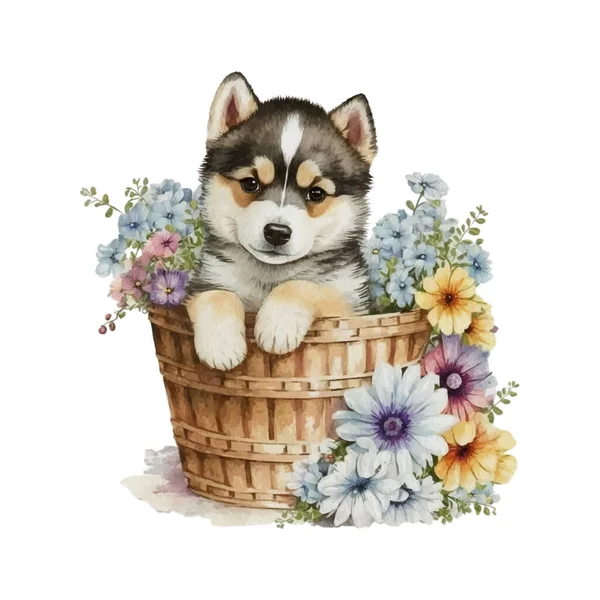 赤ちゃんシベリアハスキーパピーの花のバスケット デザイン要素 招待カード 壁アートなどのためのバスケット水彩イラストでかわいい子犬 — ストックベクタ