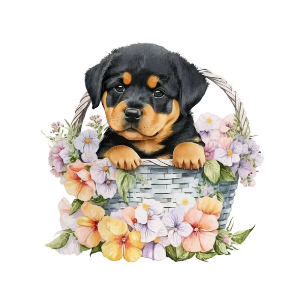 Μωρό Rottweiler Κουτάβι Καλάθι Λουλούδια Χαριτωμένο Κουτάβι Στο Καλάθι Ακουαρέλα — Διανυσματικό Αρχείο