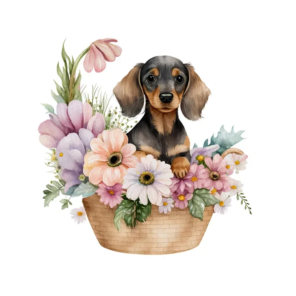 Baby Dachshund Puppy Flower Basket Cute Puppy Basket Watercolor Illustration — Stock Vector