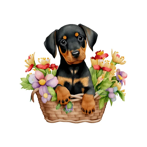 Baby Doberman Puppy Flower Basket Cute Puppy Basket Watercolor Illustration — Stock Vector