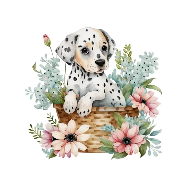 花のバスケットに赤ちゃんダルマチアの子犬 デザイン要素 招待カード 壁アートなどのためのバスケット水彩イラストでかわいい子犬 — ストックベクタ