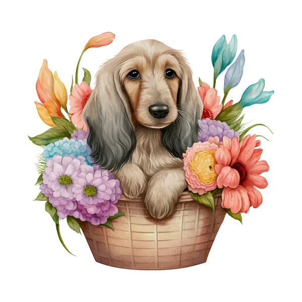 花のバスケットに赤ちゃんアフガニスタンのお化け物 デザイン要素 招待カード 壁アートなどのためのバスケット水彩イラストでかわいい子犬 — ストックベクタ
