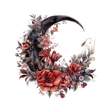Cadısı Kara Gotik Hilal Gülleri Kırmızı Çelenk Karanlık Fantezi Bahçeli Suluboya Clipart. Desen, dekorasyon, planlayıcı çıkartması, süblimleşme ve daha fazlası için tasarım ögesi.