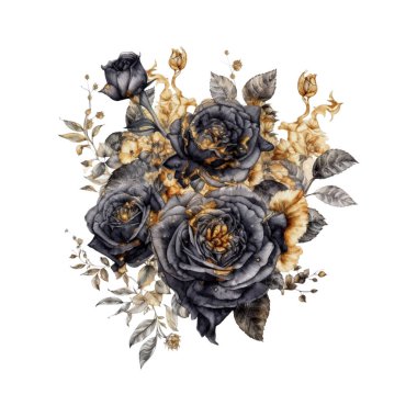 Dark Gothic Rose ve Altın Parıltılı Karanlık Fantezi Bahçecilik Suluboya Clipart. Desen, dekorasyon, planlayıcı çıkartması, süblimleşme ve daha fazlası için tasarım ögesi.