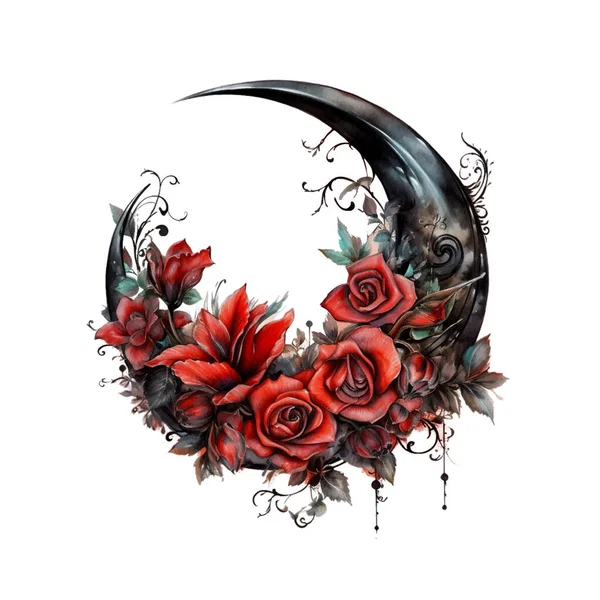 Crescente Gótico Escuro Feioso Com Rosas Vermelhas Fantasia Escura Jardinagem —  Vetores de Stock