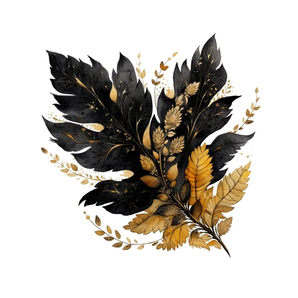 Folhas Góticas Escuras Com Brilho Dourado Fantasia Escura Jardinagem Watercolor — Vetor de Stock