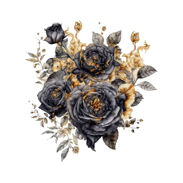 Dark Gothic Rose Con Oro Shimmer Dark Fantasy Giardinaggio Acquerello — Vettoriale Stock