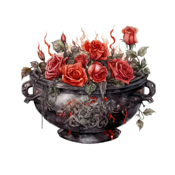 Calderone Gotico Scuro Con Rose Rosse Dark Fantasy Gardening Watercolor — Vettoriale Stock