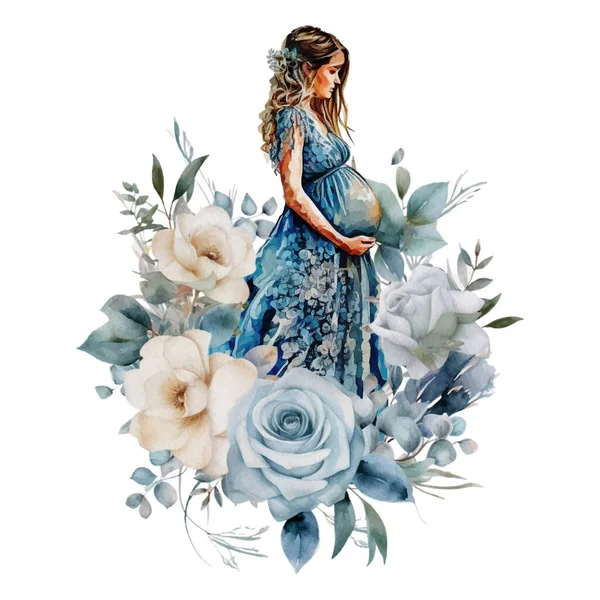 Beautiful Pregnant Woman Hugs Hold Belly Roses Bouquet Watercolor Illustration — Stock Vector