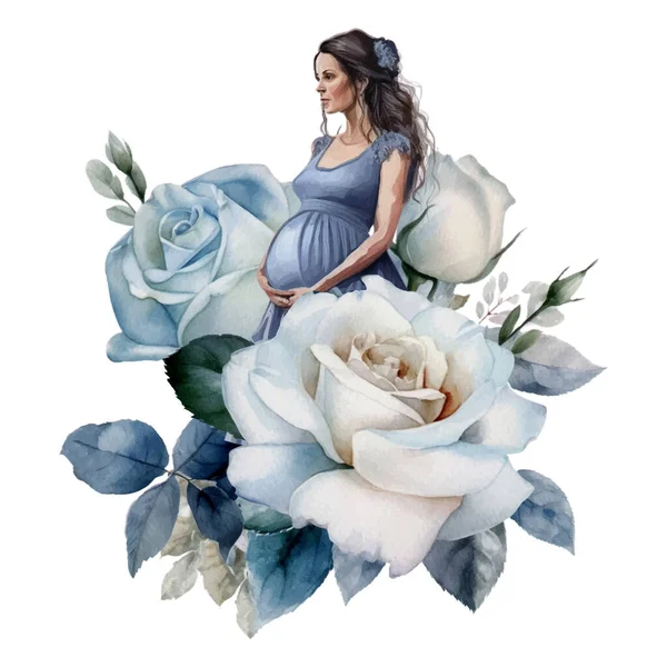Beautiful Pregnant Woman Hugs Hold Belly Roses Bouquet Watercolor Illustration — Stock Vector
