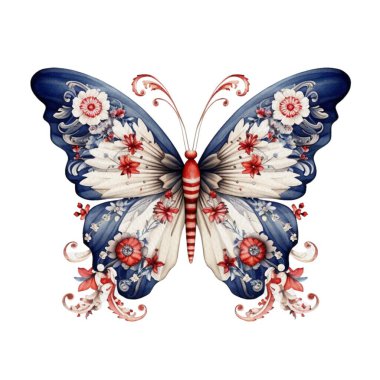 Suluboya Vatansever Kelebek 4 Temmuz İllüstrasyon Clipart. Bağımsızlık Günü teknesi ve süblimleşme tasarımı için beyaz arka planda izole edilmiş kelebek.