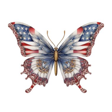 Suluboya Vatansever Kelebek 4 Temmuz İllüstrasyon Clipart. Bağımsızlık Günü teknesi ve süblimleşme tasarımı için beyaz arka planda izole edilmiş kelebek.