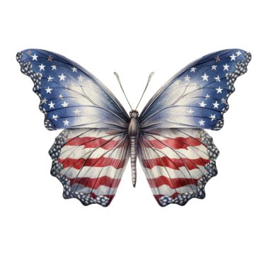 Suluboya Vatansever Kelebek 4 Temmuz İllüstrasyon Clipart. Bağımsızlık Günü teknesi ve süblimleşme tasarımı için beyaz arka planda izole edilmiş kelebek.