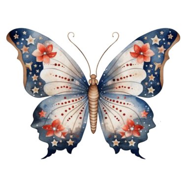Suluboya Vatansever Kelebek 4 Temmuz İllüstrasyon Clipart. Bağımsızlık Günü teknesi ve süblimleşme tasarımı için beyaz arka planda izole edilmiş kelebek.