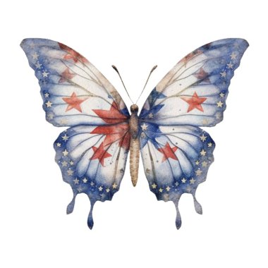 Suluboya Vatansever Kelebek 4 Temmuz İllüstrasyon Clipart. Bağımsızlık Günü teknesi ve süblimleşme tasarımı için beyaz arka planda izole edilmiş kelebek.