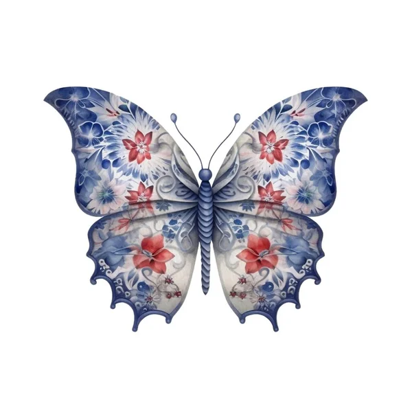 Watercolor Patriotic Butterfly Липня Illustration Clipart Ізольований Метелик Білому Тлі — стоковий вектор
