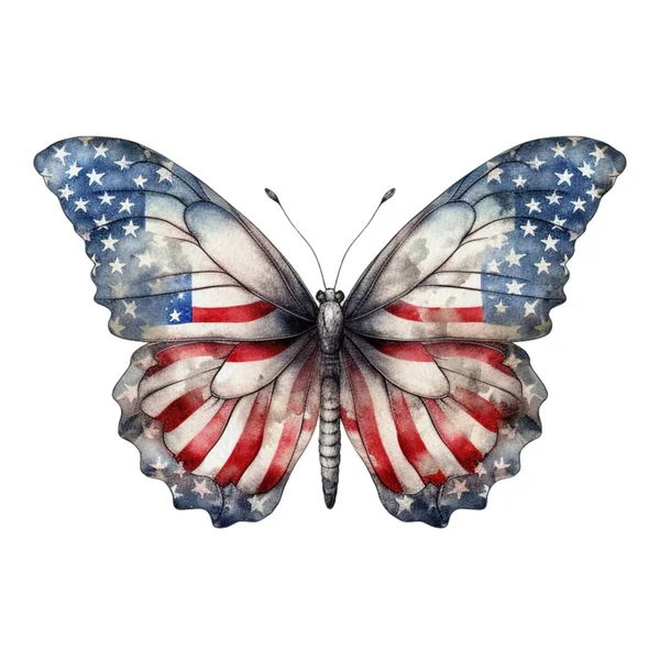 stock vector Watercolor Patriotic Butterfly 4th of July Illustration Clipart. Isolated butterfly on white background for Independence Day DIY craft and sublimation design.